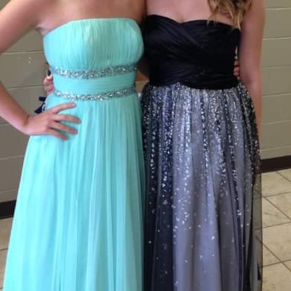 Strapless turquoise prom dress